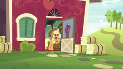 Size: 1920x1080 | Tagged: safe, screencap, character:applejack, species:earth pony, species:pony, episode:going to seed, g4, my little pony: friendship is magic, female, freckles, hay bale, mare, open mouth, raised hoof, solo