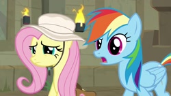 Size: 1920x1080 | Tagged: safe, screencap, character:fluttershy, character:rainbow dash, species:pony, episode:daring doubt, g4, my little pony: friendship is magic, clothing, hat