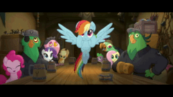 Size: 1920x1080 | Tagged: safe, screencap, character:applejack, character:boyle, character:captain celaeno, character:fluttershy, character:lix spittle, character:mullet, character:murdock, character:pinkie pie, character:rainbow dash, character:rarity, character:spike, species:anthro, species:earth pony, species:griffon, species:pegasus, species:pony, species:unicorn, my little pony: the movie (2017), animated, anthro with ponies, clothing, eyes closed, female, flying, hat, male, mare, no sound, parrot pirates, pirate, webm, youtube link