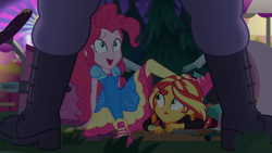 Size: 1920x1080 | Tagged: safe, screencap, character:pinkie pie, character:sunset shimmer, equestria girls:sunset's backstage pass, g4, my little pony:equestria girls, batter, boots, clothing, duo, duo female, female, food, food cart, geode of sugar bombs, laying on ground, legs, magical geodes, male, max steele, night, open mouth, outdoors, pantyhose, property damage, security guard, shoes, smiling, sneakers