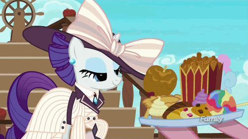Size: 500x281 | Tagged: safe, screencap, character:pinkie pie, character:rarity, episode:p.p.o.v. (pony point of view), g4, my little pony: friendship is magic, candy, caramel apple (food), clothing, cookie, cupcake, discovery family logo, eyeshadow, food, lollipop, makeup, offscreen character, peanuts, raristocrat, rose dewitt bukater, solo focus, titanic