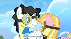 Size: 1581x861 | Tagged: safe, screencap, character:meadow flower, character:starry eyes, episode:wonderbolts academy, goggles, milky way, wonderbolt trainee uniform, youtube caption, youtube link