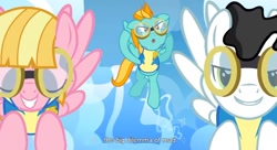 Size: 1587x863 | Tagged: safe, screencap, character:lightning dust, character:meadow flower, character:starry eyes, episode:wonderbolts academy, goggles, milky way, wonderbolt trainee uniform, youtube caption, youtube link