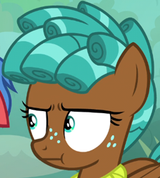 Size: 317x354 | Tagged: safe, screencap, character:spur, species:pegasus, species:pony, episode:growing up is hard to do, g4, my little pony: friendship is magic, :i, cropped, curly mane, faec, female, filly, freckles, i mean i see, smug, solo