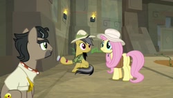 Size: 1920x1080 | Tagged: safe, screencap, character:daring do, character:doctor caballeron, character:fluttershy, species:pony, episode:daring doubt, g4, my little pony: friendship is magic, clothing, dexterous hooves, hat, lantern, prone, truth talisman