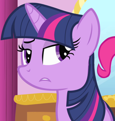 Size: 872x917 | Tagged: safe, screencap, character:pinkie pie, character:twilight sparkle, character:twilight sparkle (unicorn), species:pony, species:unicorn, episode:green isn't your color, g4, my little pony: friendship is magic, carousel boutique, cropped, d:, disgusted, female, glare, looking sideways, mare, offscreen character, open mouth, raised eyebrow, reaction image, solo focus, unamused