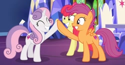 Size: 1332x692 | Tagged: safe, screencap, character:apple bloom, character:scootaloo, character:sweetie belle, species:pegasus, species:pony, episode:growing up is hard to do, g4, my little pony: friendship is magic, cutie mark, cutie mark crusaders, hoofbump, older, older apple bloom, older cmc, older scootaloo, older sweetie belle, the cmc's cutie marks, twilight's castle
