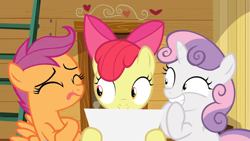 Size: 1600x900 | Tagged: safe, screencap, character:apple bloom, character:scootaloo, character:sweetie belle, species:pegasus, species:pony, episode:growing up is hard to do, g4, my little pony: friendship is magic, clubhouse, crusaders clubhouse, cutie mark crusaders, excited, happy, indoors, ladder, licking, licking lips, smiling, tongue out