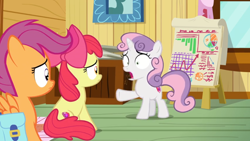 Size: 1600x900 | Tagged: safe, screencap, character:apple bloom, character:scootaloo, character:sweetie belle, species:pegasus, species:pony, episode:growing up is hard to do, g4, my little pony: friendship is magic, bar chart, chart, clubhouse, crate, crusaders clubhouse, cutie mark crusaders, easel, grid, pie chart, saddle bag, window