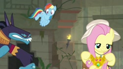 Size: 1920x1080 | Tagged: safe, screencap, character:ahuizotl, character:fluttershy, character:rainbow dash, species:pony, episode:daring doubt, g4, my little pony: friendship is magic, clothing, flying, hat, truth talisman