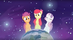 Size: 2880x1578 | Tagged: safe, screencap, character:apple bloom, character:scootaloo, character:sweetie belle, species:pegasus, species:pony, episode:growing up is hard to do, g4, my little pony: friendship is magic, adorabloom, cute, cutie mark crusaders, diasweetes, equus, macro, older, older apple bloom, older cmc, older scootaloo, older sweetie belle, planet, pony bigger than a planet, smiling, space, stars