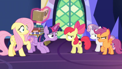 Size: 1600x900 | Tagged: safe, screencap, character:apple bloom, character:fluttershy, character:scootaloo, character:sweetie belle, character:twilight sparkle, character:twilight sparkle (alicorn), species:alicorn, species:pegasus, species:pony, episode:growing up is hard to do, g4, my little pony: friendship is magic, book, cutie mark crusaders, door, levitation, magic, stack, telekinesis, twilight's castle, upset