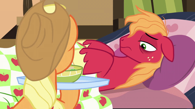 Size: 800x450 | Tagged: safe, screencap, character:applejack, character:big mcintosh, species:earth pony, species:pony, episode:growing up is hard to do, g4, my little pony: friendship is magic, animated, bed, bowl, clothing, dropped, food, freckles, gif, hat, looking at someone, looking at something, open mouth, pillow, pouting, sick, soup, spoon, tongue out, tray