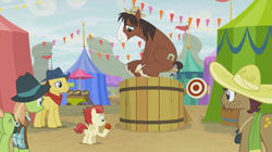 Size: 1273x714 | Tagged: safe, screencap, character:bandana baldwin, character:high stakes, character:trouble shoes, character:yuma spurs, species:pony, episode:growing up is hard to do, g4, my little pony: friendship is magic, appleloosa resident, beuford, clothing, colt, cowboy hat, dunk tank, female, hat, male, mare, skyquake (pony), stallion