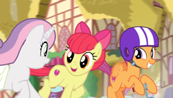 Size: 1600x900 | Tagged: safe, screencap, character:apple bloom, character:scootaloo, character:sweetie belle, species:pegasus, species:pony, episode:growing up is hard to do, g4, my little pony: friendship is magic, buzzing wings, cute, cutealoo, cutie mark, cutie mark crusaders, galloping, helmet, older, older apple bloom, older cmc, older scootaloo, older sweetie belle, ponyville, saddle bag, scooter, smiling, the cmc's cutie marks, wings