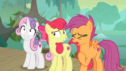 Size: 1600x900 | Tagged: safe, screencap, character:apple bloom, character:scootaloo, character:sweetie belle, species:pegasus, species:pony, episode:growing up is hard to do, g4, my little pony: friendship is magic, cutie mark, cutie mark crusaders, hayseed swamp, older, older apple bloom, older cmc, older scootaloo, older sweetie belle, stomach ache, swamp, the cmc's cutie marks, worried