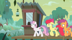 Size: 1600x900 | Tagged: safe, screencap, character:apple bloom, character:scootaloo, character:sweetie belle, species:pegasus, species:pony, episode:growing up is hard to do, g4, my little pony: friendship is magic, booth, cutie mark, cutie mark crusaders, folded wings, hayseed swamp, lantern, older, older apple bloom, older cmc, older scootaloo, older sweetie belle, scared, swamp, the cmc's cutie marks, wings, worried