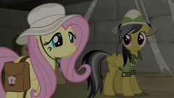 Size: 1920x1080 | Tagged: safe, screencap, character:daring do, character:fluttershy, species:pony, episode:daring doubt, g4, my little pony: friendship is magic, clothing, hat, pith helmet, saddle bag