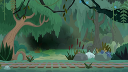Size: 1600x900 | Tagged: safe, screencap, species:pony, episode:growing up is hard to do, g4, my little pony: friendship is magic, cattails, dark, forest, mysterious, pathway, rock, swamp, train tracks, tree, vine