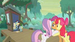Size: 1600x900 | Tagged: safe, screencap, character:apple bloom, character:scootaloo, character:sweetie belle, species:pegasus, species:pony, episode:growing up is hard to do, g4, my little pony: friendship is magic, booth, butt, cutie mark, cutie mark crusaders, drawing, hayseed swamp, holding each other, lantern, loose tracks, older, older apple bloom, older cmc, older scootaloo, older sweetie belle, platform, plot, swamp, the cmc's cutie marks
