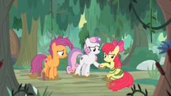 Size: 1600x900 | Tagged: safe, screencap, character:apple bloom, character:scootaloo, character:sweetie belle, species:pegasus, species:pony, episode:growing up is hard to do, g4, my little pony: friendship is magic, cutie mark, cutie mark crusaders, dirty hooves, forest, frazzled, muddy hooves, older, older apple bloom, older cmc, older scootaloo, older sweetie belle, swamp, the cmc's cutie marks, vine, wrapped up