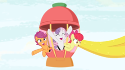 Size: 1600x900 | Tagged: safe, screencap, character:apple bloom, character:scootaloo, character:sweetie belle, species:pegasus, species:pony, episode:growing up is hard to do, g4, my little pony: friendship is magic, cheering, cutie mark crusaders, elated, excited, ferris wheel, goofing off, happy, older, older apple bloom, older cmc, older scootaloo, older sweetie belle, pod, seatbelt, sky