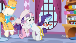 Size: 1920x1080 | Tagged: safe, screencap, character:rarity, character:sweetie belle, species:pony, species:unicorn, episode:growing up is hard to do, g4, my little pony: friendship is magic, annoyed, bow tie, carousel boutique, clothing, curtains, discovery family logo, fabric, female, filly, glowing horn, gritted teeth, hat, horn, hug, leg hug, magic, magic aura, mannequin, mare, measuring tape, pincushion, rarity's glasses, telekinesis, top hat, tuxedo, worried