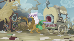 Size: 2100x1181 | Tagged: safe, screencap, character:gilda, species:griffon, episode:the lost treasure of griffonstone, g4, my little pony: friendship is magic, cart, female, frown, griffon scone, griffonstone, looking back, oven mitts, solo