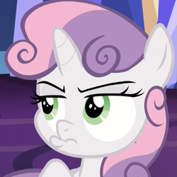 Size: 1079x1079 | Tagged: safe, screencap, character:sweetie belle, species:pony, species:unicorn, derpibooru, episode:growing up is hard to do, g4, my little pony: friendship is magic, annoyed, cropped, cute, diasweetes, female, filly, frown, juxtaposition, meta, pouting, solo