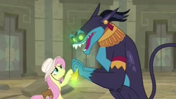 Size: 1920x1080 | Tagged: safe, screencap, character:ahuizotl, character:fluttershy, species:pony, episode:daring doubt, g4, my little pony: friendship is magic, clothing, glowing eyes, hat, truth talisman