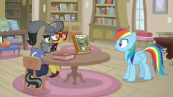 Size: 1920x1080 | Tagged: safe, screencap, character:a.k. yearling, character:doctor caballeron, character:rainbow dash, species:pony, episode:daring doubt, g4, my little pony: friendship is magic, book, bookshelf, groom q.q. martingale
