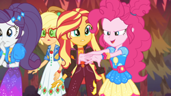 Size: 1280x720 | Tagged: safe, screencap, character:applejack, character:pinkie pie, character:rarity, character:sunset shimmer, equestria girls:sunset's backstage pass, g4, my little pony:equestria girls, cracking knuckles, determined, discovery family logo, evening, forest, sunglasses, worried