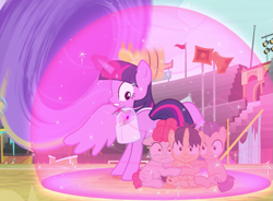Size: 957x703 | Tagged: safe, screencap, character:ballet jubilee, character:green sprout, character:twilight sparkle, character:twilight sparkle (alicorn), species:alicorn, species:pony, episode:growing up is hard to do, g4, my little pony: friendship is magic, colt, female, filly, foal, force field, male, saddle bag, waltzer