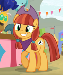 Size: 393x468 | Tagged: safe, screencap, character:jade spade, species:earth pony, species:pony, episode:growing up is hard to do, g4, my little pony: friendship is magic, appleloosa resident, background pony, bandana, clothing, cowboy hat, cropped, cute, female, grin, hat, jadeabetes, mare, raised hoof, smiling, solo focus