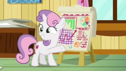 Size: 1920x1080 | Tagged: safe, screencap, character:sweetie belle, species:pony, episode:growing up is hard to do, g4, my little pony: friendship is magic, chart, clubhouse, crusaders clubhouse, pie chart