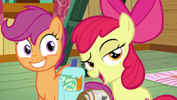 Size: 1920x1080 | Tagged: safe, screencap, character:apple bloom, character:scootaloo, species:pegasus, species:pony, episode:growing up is hard to do, g4, my little pony: friendship is magic, carrot, clubhouse, crusaders clubhouse, food, ladder, lidded eyes, saddle bag, smug, tickets