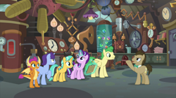 Size: 2100x1178 | Tagged: safe, screencap, character:citrine spark, character:doctor whooves, character:fire quacker, character:huckleberry, character:november rain, character:smolder, character:starlight glimmer, character:time turner, species:dragon, species:earth pony, species:pegasus, species:pony, species:unicorn, episode:a horse shoe-in, g4, my little pony: friendship is magic, doctor whooves' lab, dragoness, female, flameless fireworks, friendship student, laboratory, magic, magic aura, male, mare, stallion, telekinesis