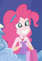 Size: 432x620 | Tagged: safe, screencap, character:pinkie pie, episode:twilight under the stars, g4, my little pony:equestria girls, bare shoulders, cropped, cute, diapinkes, sleeveless, smiling, solo, strapless