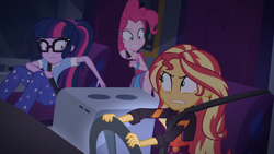 Size: 1920x1080 | Tagged: safe, screencap, character:pinkie pie, character:sunset shimmer, character:twilight sparkle, character:twilight sparkle (scitwi), species:eqg human, equestria girls:sunset's backstage pass, g4, my little pony:equestria girls, angry, clothing, driving, female, geode of empathy, glasses, jacket, magical geodes, night, pajamas, ponytail, rv, seatbelt, steering wheel, trio, trio female