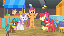 Size: 1600x900 | Tagged: safe, screencap, character:apple bloom, character:biscuit, character:scootaloo, character:spur, character:sweetie belle, species:earth pony, species:pegasus, species:pony, species:unicorn, episode:growing up is hard to do, g4, my little pony: friendship is magic, bleachers, box, chest, colt, culinary art (character), cutie mark, cutie mark crusaders, excited, female, filly, male, mr. food, neckerchief, older, older apple bloom, older cmc, older scootaloo, older sweetie belle, rearing, stool, the cmc's cutie marks, unamused