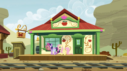 Size: 1600x900 | Tagged: safe, screencap, species:pony, episode:growing up is hard to do, g4, my little pony: friendship is magic, appleloosa, building, cactus, door, outhouse, train station, train tracks