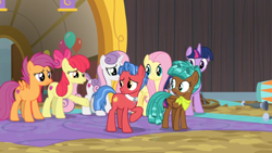 Size: 1600x900 | Tagged: safe, screencap, character:apple bloom, character:biscuit, character:fluttershy, character:scootaloo, character:spur, character:sweetie belle, character:twilight sparkle, character:twilight sparkle (alicorn), species:alicorn, species:pegasus, species:pony, episode:growing up is hard to do, g4, my little pony: friendship is magic, balloon, cutie mark crusaders, neckerchief, older, older apple bloom, older cmc, older scootaloo, older sweetie belle