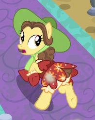 Size: 196x249 | Tagged: safe, screencap, character:may fair, species:earth pony, species:pony, episode:growing up is hard to do, g4, my little pony: friendship is magic, background pony, clothing, cropped, dress, female, hat, hoof gloves, mare, technically an upskirt shot, underwear