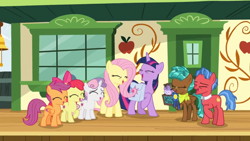 Size: 1366x768 | Tagged: safe, screencap, character:apple bloom, character:biscuit, character:bloofy, character:fluttershy, character:scootaloo, character:spur, character:sweetie belle, character:twilight sparkle, character:twilight sparkle (alicorn), species:alicorn, species:earth pony, species:pegasus, species:pony, species:unicorn, episode:growing up is hard to do, g4, my little pony: friendship is magic, box, chest, cutie mark crusaders, door, female, filly, laughing, neckerchief, ribbon, saddle bag, teenager, train station, whirling mungtooth, window