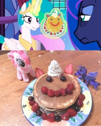 Size: 720x900 | Tagged: safe, screencap, character:pinkie pie, character:princess celestia, character:princess luna, species:alicorn, species:pony, episode:a royal problem, g4, my little pony: friendship is magic, cake, cakelestia, defictionalization, food, pancakes, photo, plushie, toy