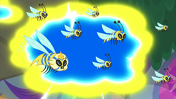 Size: 2000x1121 | Tagged: safe, screencap, episode:a horse shoe-in, g4, my little pony: friendship is magic, animal, bee, crown, flash bee, flying, insect, jewelry, queen bee, regalia, swarm