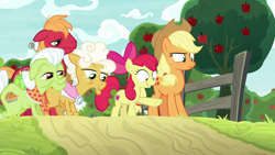 Size: 1280x720 | Tagged: safe, screencap, character:apple bloom, character:applejack, character:big mcintosh, character:goldie delicious, character:granny smith, species:pony, episode:going to seed, g4, my little pony: friendship is magic, apple, apple tree, fence, tree
