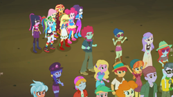 Size: 1920x1080 | Tagged: safe, screencap, character:applejack, character:fluttershy, character:frosty orange, character:microchips, character:pinkie pie, character:rainbow dash, character:rarity, character:sunset shimmer, character:twilight sparkle, character:twilight sparkle (scitwi), species:eqg human, equestria girls:sunset's backstage pass, g4, my little pony:equestria girls, background human, backwards ballcap, baseball cap, beanie, cap, clothing, crowd, dress, duke suave, earbuds, female, fry lilac, golden hazel, halter top, hat, headband, humane five, humane seven, humane six, hunter hedge, laurel jade, lemon zack, male, orange sunrise, overall shorts, overalls, oxford brush, pantyhose, peppermint azure, ponytail, sandy cerise, shorts, snow flower, space camp (character), sunglasses