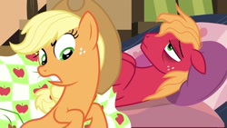 Size: 1920x1080 | Tagged: safe, screencap, character:applejack, character:big mcintosh, species:earth pony, species:pony, episode:growing up is hard to do, g4, my little pony: friendship is magic, applejack is not amused, bags under eyes, bed, brother and sister, duo, female, firm, freckles, gritted teeth, in bed, male, mare, miserable, raised eyebrow, siblings, stallion, unamused