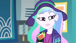 Size: 1280x720 | Tagged: safe, screencap, character:princess celestia, character:principal celestia, episode:the road less scheduled, g4, my little pony:equestria girls, choose celestia, clothing, cyoa, food, hat, solo, sushi, sushi cone, the road less scheduled: celestia